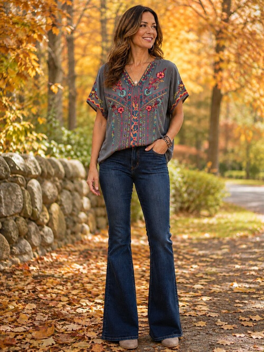 AVANI DEL AMOUR Short Slve V-Neck Grey Full Embroidery Front & Back Tunic NWT XL